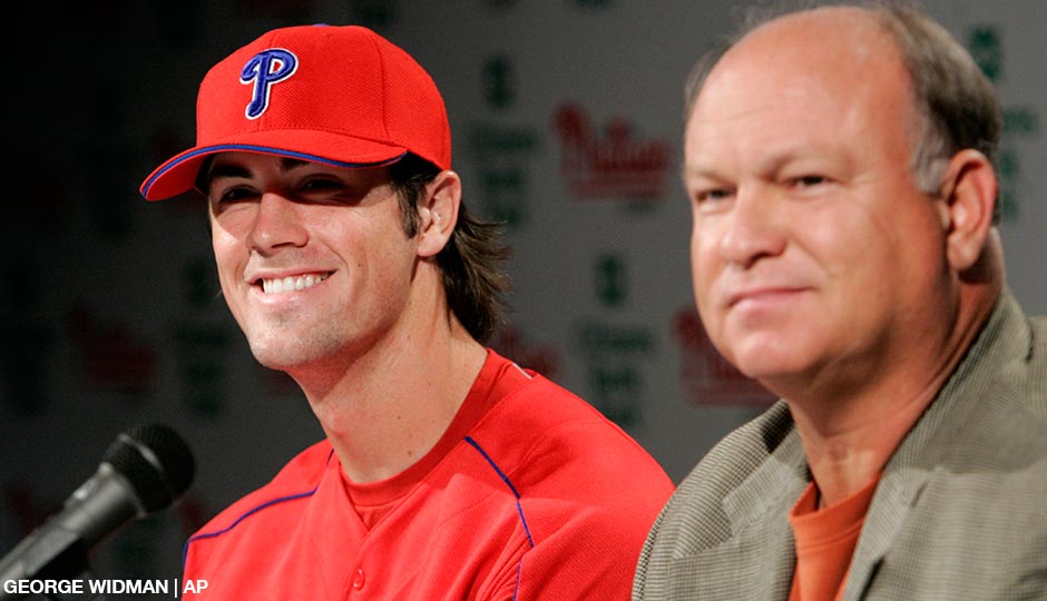 Cole Hamels, left, answers questions alongside Mike Arbuckle, then the Phillies' assistant general manager for scouting and player development, during a news conference Wednesday, May 10, 2006, in Philadelphia. Hamels was about to be called up and would make his Major League debut two days later.