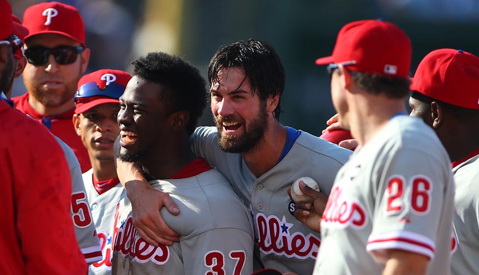 Philadelphia Phillies starting pitcher Cole Hamels and center fielder Odubel Herrera celebrate after defeating the Chicago Cubs 5-0 at Wrigley Field. Photo | Caylor Arnold-USA TODAY Sports