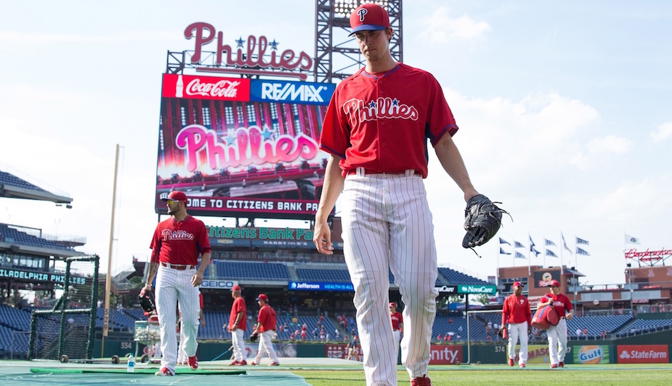 Jul 20, 2015; Philadelphia, PA, USA; Philadelphia Phillies starting pitcher Aaron Nola (27) before a game against the Tampa Bay Rays at Citizens Bank Park. Mandatory Credit: Bill Streicher-USA TODAY Sports