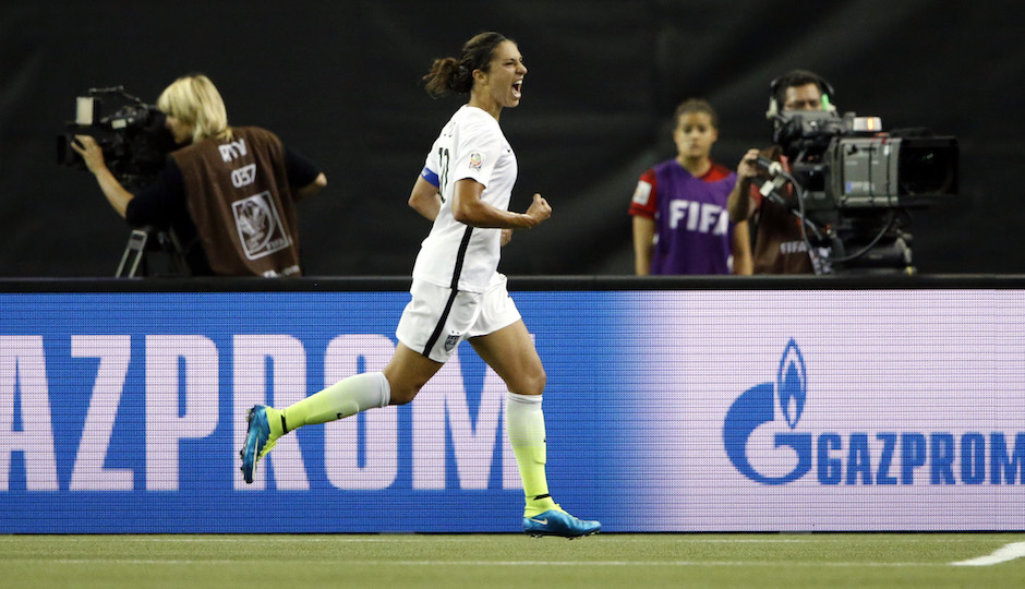United States midfielder Carli Lloyd (10) reacts after scoring against Germany on a penalty kick during the second half of the semifinals of the FIFA 2015 Women's World Cup at Olympic Stadium. Michael Chow-USA TODAY Sports