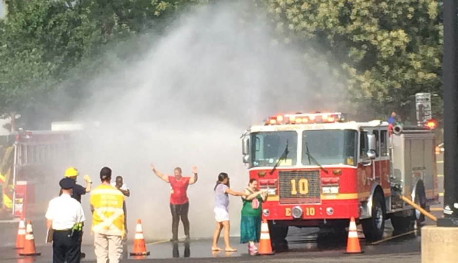 "Victims" begin the decontamination process.