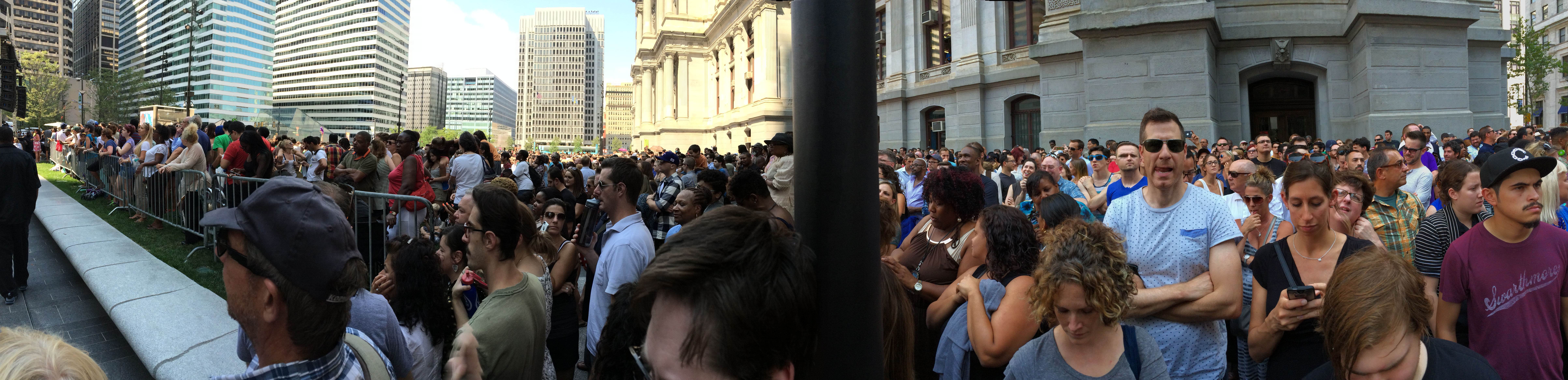 A thousands-strong crowd gathers at Dilworth Park Wednesday afternoon for a free Stevie Wonder set.
