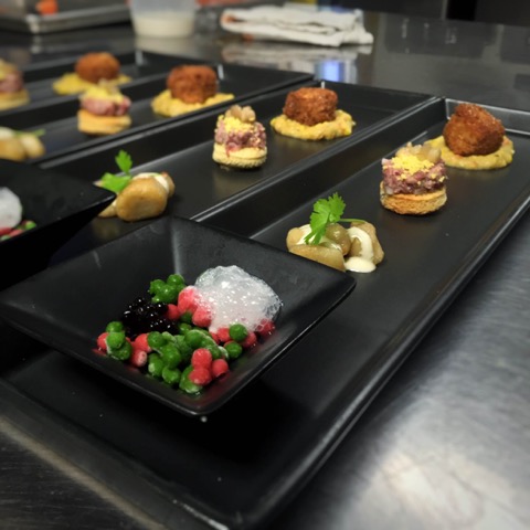 A Summer Salad in the form of frozen dots; Potato Salad in the form of sautéed potato gnocchi;  A Burger in the form of beef tartare with house-made mustard, pickled ramps, and seived egg yolks;  Croquette of Mole Short Rib atop a humita of sweet summer corn, and smoky bbq