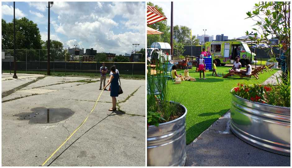 Before and after: A concrete expanse becomes a "family lounge" at the public pool in Francisville. | Photo Credit: Group Melvin Design and Sikora Wells Appel