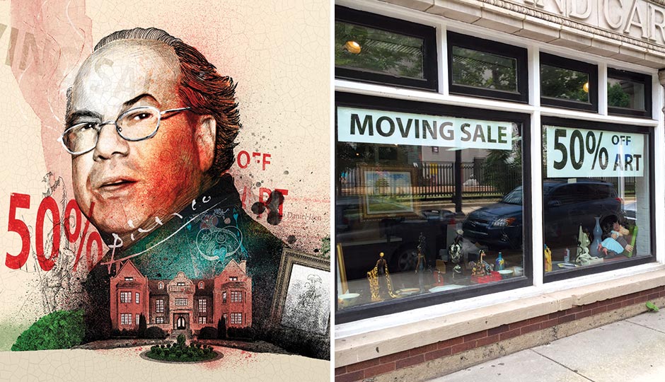 Left: Illustration by Peter Strain. Right: The I. Brewster Gallery near 21st and Race. Photograph by Christopher Leaman
