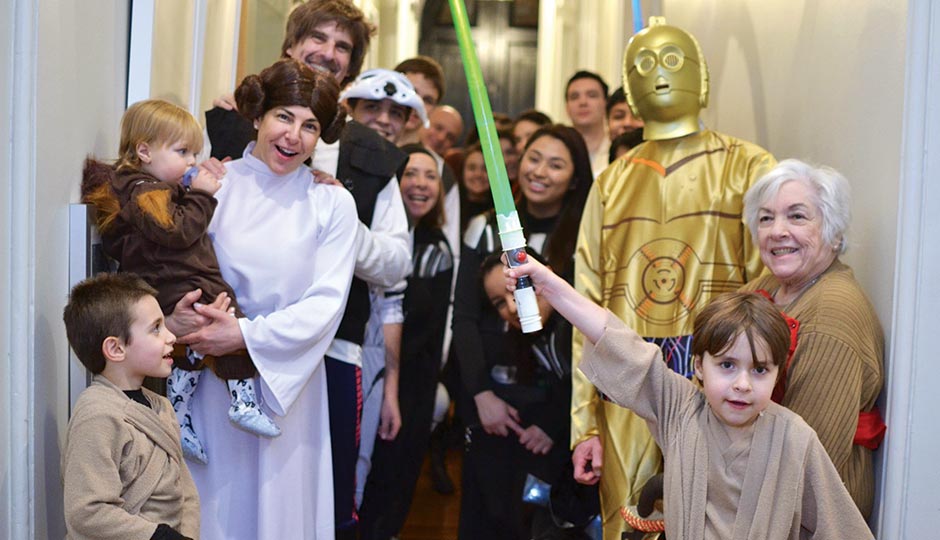 Joshua, Jack, Audrey, Joe, Audrey's mother Louise and Nathan in Star Wars garb. Photograph courtesy of Audrey Taichman.