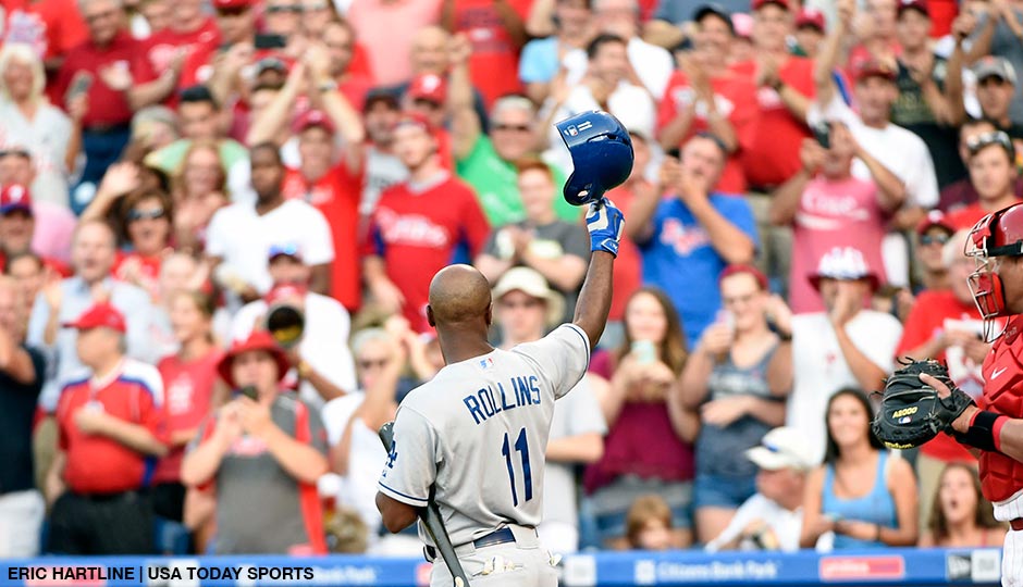Jimmy Rollins acknowledges the crowd before his at bat during the first inning against the Philadelphia Phillies at Citizens Bank Park.