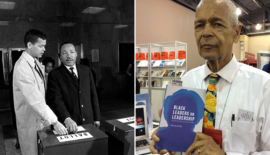Julian Bond, left, with Dr. Martin Luther King in 1966 (AP), and right, with the last book he authored. 