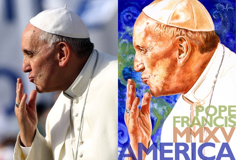 Papal Plagiarism?: Franco Origlia's photo of Pope Francis (left, via Getty Images); Perry Milou's $1 million painting (right, via Peter Breslow Consulting & Public Relations)