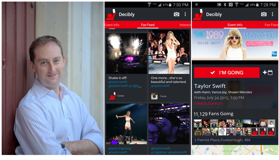 Decibly Co-Founder Brad Denenberg and two screen shots of the product.