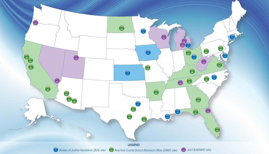 Map of grant recipients from Manhattan District Attorney’s Office and the Bureau of Justice Assistance.
