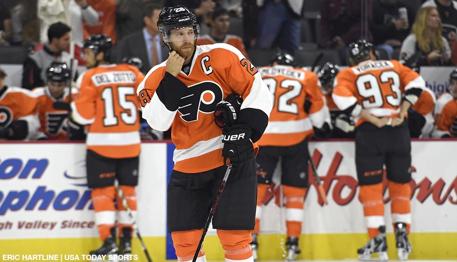 Philadelphia Flyers center Claude Giroux (28) skates during a stop in play against the New York Islanders during the first period at PPL Center.