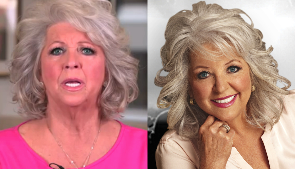 Paula Deen in one of her infamous apology videos (left) and Deen in a recent publicity photo.