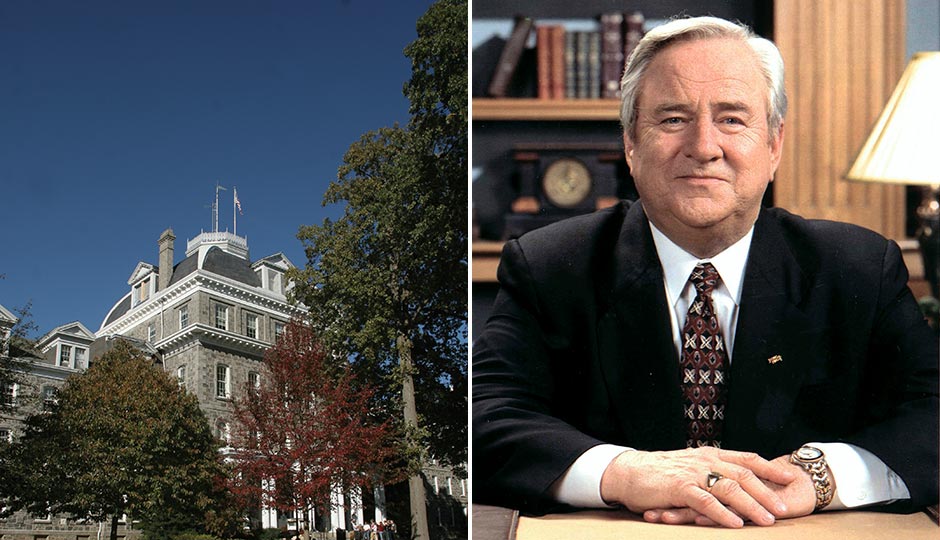 Parrish Hall via Swarthmore. "Jerry Falwell portrait" by Liberty University - Liberty University. Licensed under CC BY-SA 3.0 via Commons.