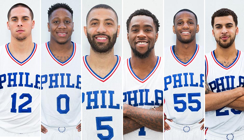 The 76ers point guard candidates, from left, T.J. McConnell, Isaiah Canaan, Kendall Marshall, Tony Wroten, Pierre Jackson and Scottie Wilbekin. Photos | Bill Streicher, USA Today Sports