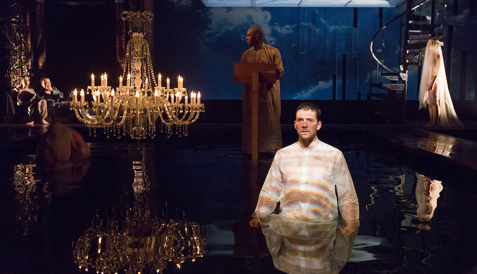 Lindsay Smiling as a narrator, Sean Bradley as Orpheus, and Clare O’Malley as Eurydice. Photo by Mark Garvin.