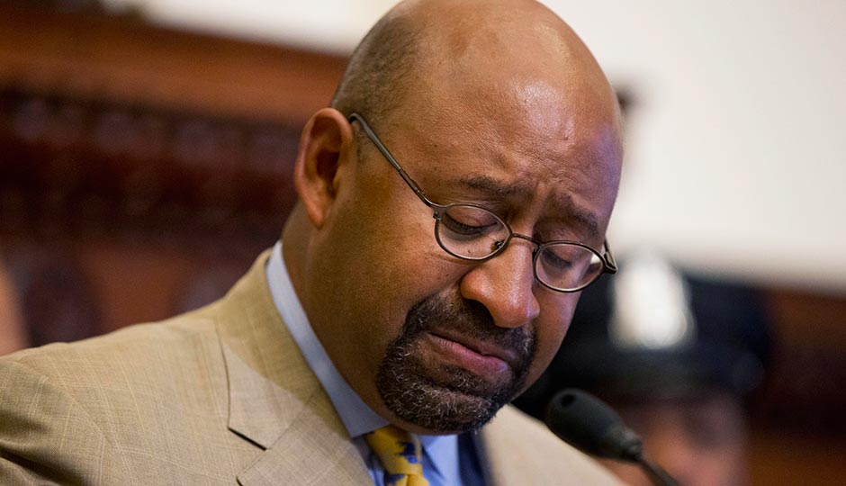 Michael Nutter at the announcement of Charles Ramsey’s retirement on October 14, 2015. Photograph by Matt Rourke/Associated Press