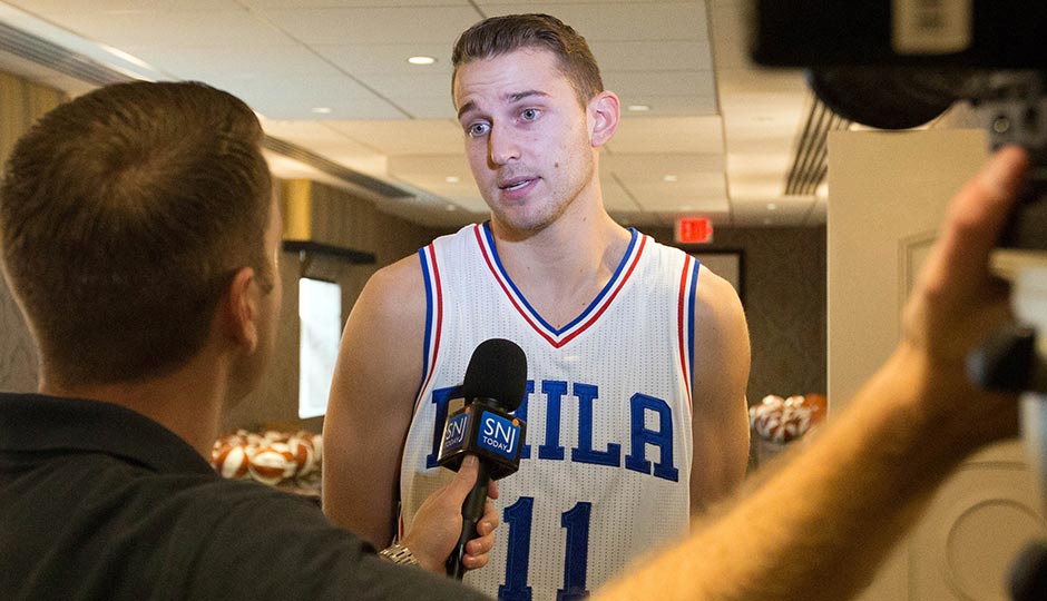 Philadelphia 76ers guard Nik Stauskas (11) talks with the media during media day at Stockton Seaview Hotel. Photo | Bill Streicher-USA TODAY Sports