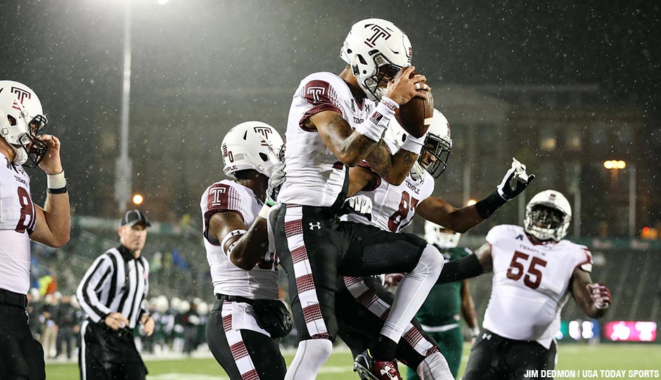 Temple Owls wide receiver Robby Anderson (19) celebrates his touchdown during the second half against the Charlotte 49ers at Jerry Richardson Stadium on October 2, 2015 in; Charlotte, NC.