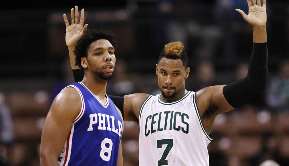 Jared Sullinger defends Sixers rookie Jahlil Okafor in preseason action | Mark L. Baer-USA TODAY Sports