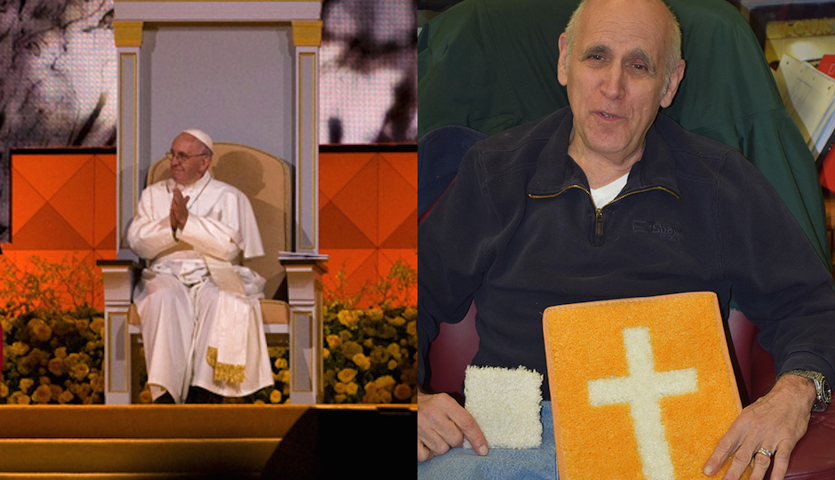 Left: Pope Francis in Philadelphia, with carpet laid by NJ's Event Carpet beneath his feet (Photo by Bradley Maule) / Right: Event Carpet's Ted Resnick, holding a square of white pope carpet and a cross made from white and gold pope carpet (Photo courtesy Event Carpet)
