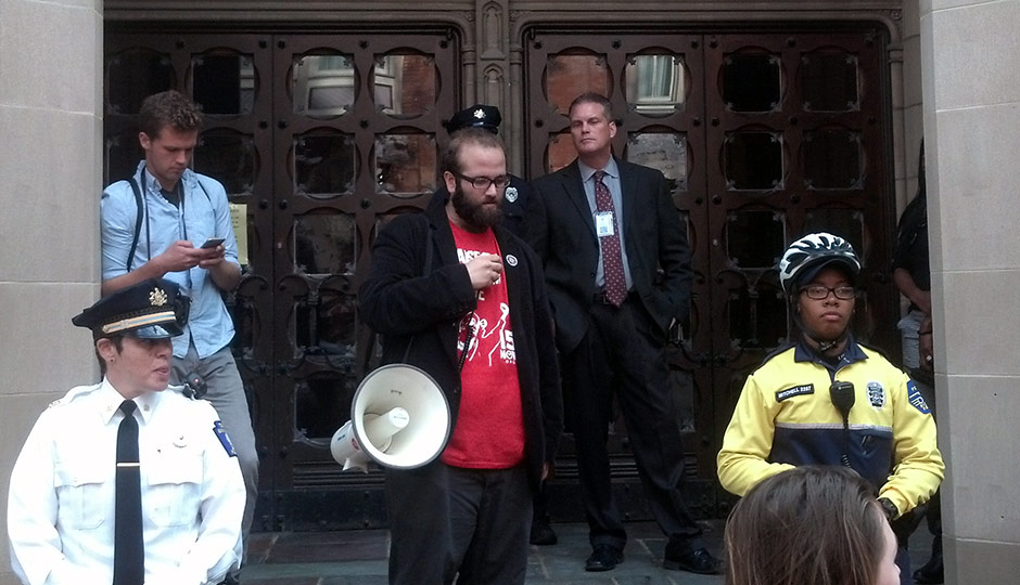 Protesters outside Sullivan Hall, office of Temple president Neil Theobald