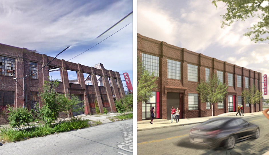 Eastern Building via Google Streetview | Right: Rendering of Eastern Lofts