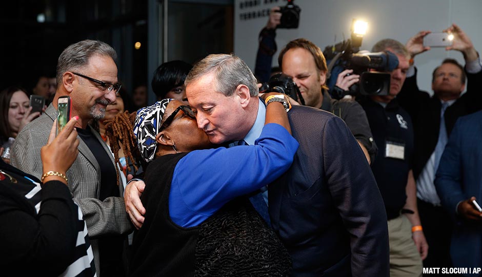 Philadelphia Democratic mayoral candidate Jim Kenney greets a supporter during an election night event at the National Museum of American Jewish History, Tuesday, Nov. 3, 2015, in Philadelphia. Kenney, a former longtime councilman, overwhelmed his Republican challenger, business executive Melissa Murray Bailey, in a city that hasn't had a GOP mayor since 1952. 