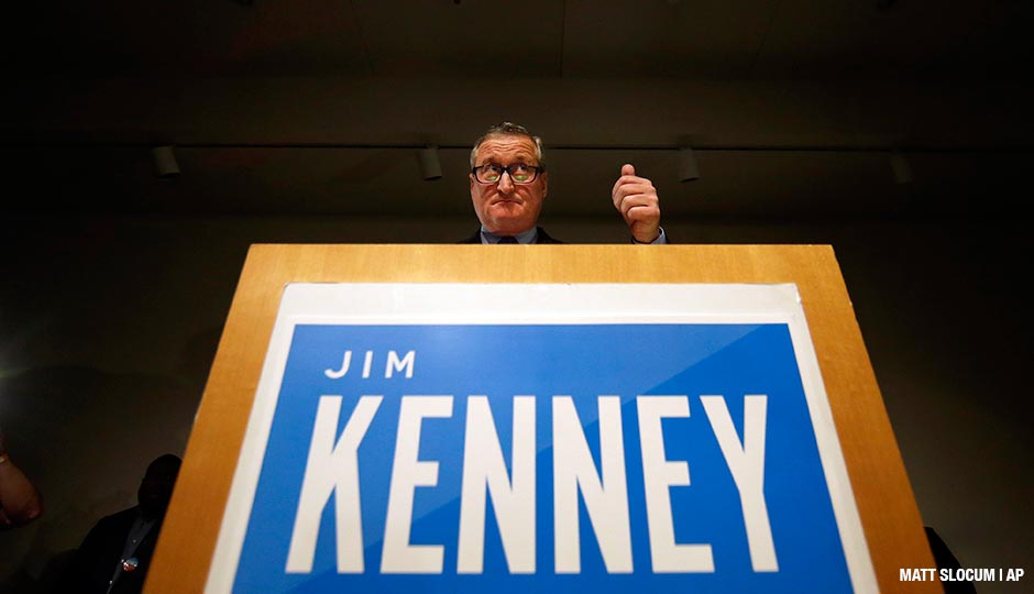 Philadelphia Democratic mayoral candidate Jim Kenney gives a thumbs up while speaking during an election night event at the National Museum of American Jewish History, Tuesday, Nov. 3, 2015.