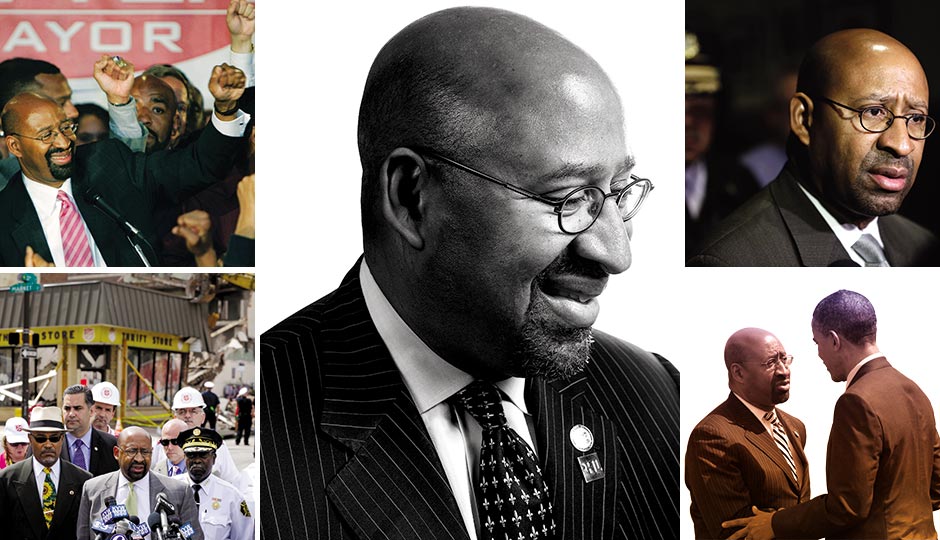 Clockwise from top left: Winning the election in January 2008 (photo: AP); November 2015 (photo: Adam Jones); during the September 2008 financial collapse (photo: AP); meeting President Obama in October 2010 (photo: AP); after the June 2013 building collapse at 22nd and Market (photo: Matt Rourke/AP/Corbis).