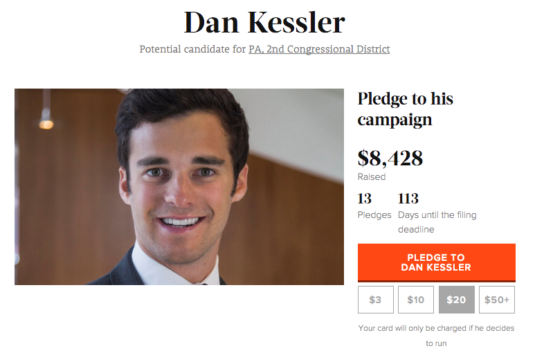 A screenshot from Crowdpac's potential candidate page for Dan Kessler, who's leading the site's "pledge" leaderboard in the 2nd Congressional District.