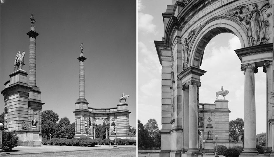 Left: "Smith Memorial Arch West Fairmount Park Philadelphia (cropped)" by Jack Boucher - Library of Congress, Historic American Buildings Survey, http://memory.loc.gov/pnp/habshaer/pa/pa0800/pa0891/photos/138614pv.jpgLibrary of Congress, Prints & Photographs Online Catalog: HABS PA,51-PHILA,398A-10. Licensed under Public Domain via Commons. Right: "Smith Memorial Looking Thru South Arch (cropped)" by Jack Boucher - VIEW THROUGH ARCH, LOOKING NORTH, FROM THE WEST SIDE OF SOUTH SEGMENT TOWARD THE EAST SIDE OF NORTH SEGMENTLibrary of Congress, Prints & Photographs Online Catalog: HABS PA,51-PHILA,398A-9. Licensed under Public Domain via Commons - https://commons.wikimedia.org/wiki/File:Smith_Memorial_Looking_Thru_South_Arch_(cropped).jpg#/media/File:Smith_Memorial_Looking_Thru_South_Arch_(cropped).jpg