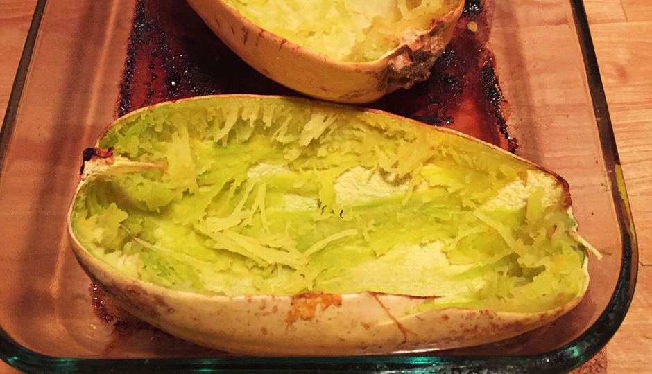 My spaghetti squash halves, post-shredding. 