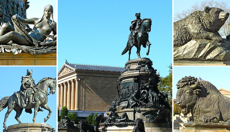 Center photo: "Washington Monument-Philadelphia-27527" by Ken Thomas - KenThomas.us(personal website of photographer). Licensed under Public Domain via Commons. Detail Photos: "GW bear philly" by Smallbones - Own work. Licensed under CC0 via Commons.