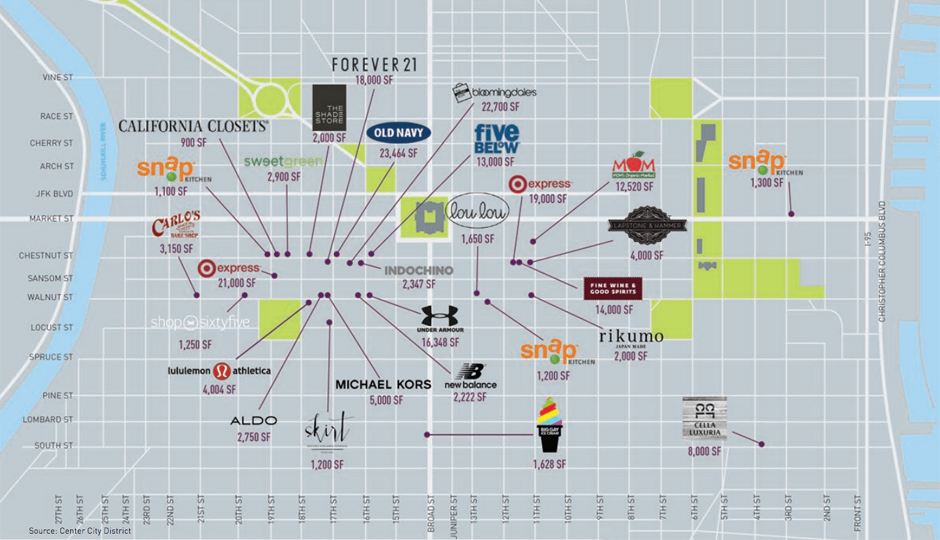 A map of some new retailers in Center City. (Courtesy of Center City District.)