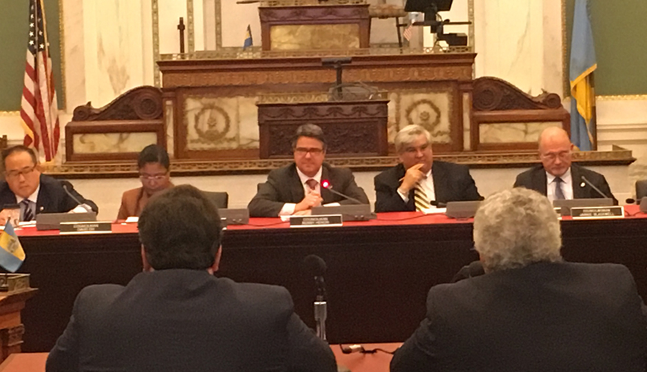 Comcast negotiator Mark Reilly and Philadelphia's Chief Innovation Officer Adel Ebeid face the City Council's Public Property Committee. (Photo by Jared Shelly)