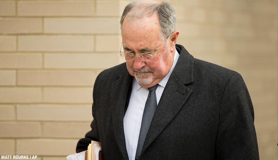 Pennsylvania Supreme Court Justice Michael Eakin arrives for a hearing Monday, Dec. 21, 2015, at the Northampton County courthouse in Easton, Pa. to determine whether he should be suspended while a judicial ethics court decides if his email practices warrant discipline.