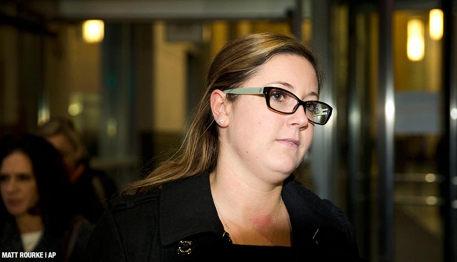 Kathryn Knott walks from the criminal justice center Thursday, Dec. 17, 2015, in Philadelphia. Knott is charged with taking part in a violent attack on a gay couple.