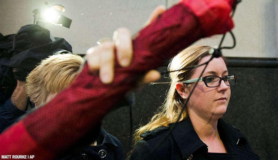 Kathryn Knott walks from the criminal justice center Thursday, Dec. 17, 2015, in Philadelphia. Knott is charged with taking part in a violent attack on a gay couple. 