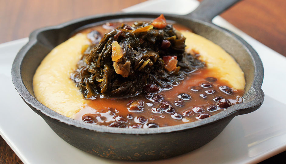Logan Turnpike Stone Ground Grits - Whipped Honey Butter, Vinegar Braised Mustard Greens