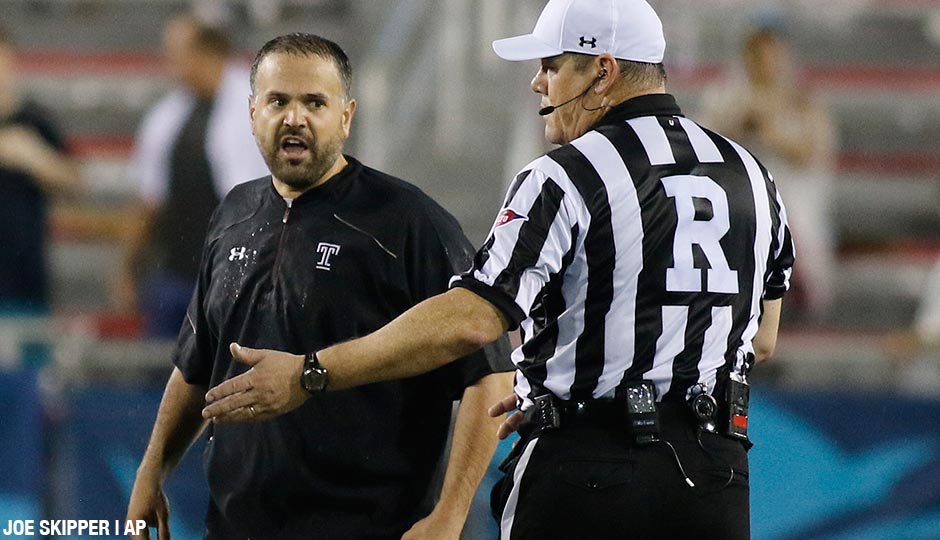 Temple coach Matt Rhule argues an onside kick recovery call with the referee during the second half of the Boca Raton Bowl NCAA college football game against Toledo, Tuesday, Dec. 22, 2015, in Boca Raton, Fla. Toledo defeated Temple 32-17.