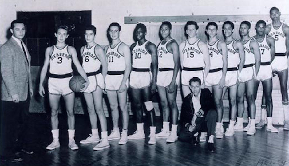 Coach Cecil Mosenson (far left) and Wilt Chamberlain (far right) in 1953 Overbrook High School basketball team photo.