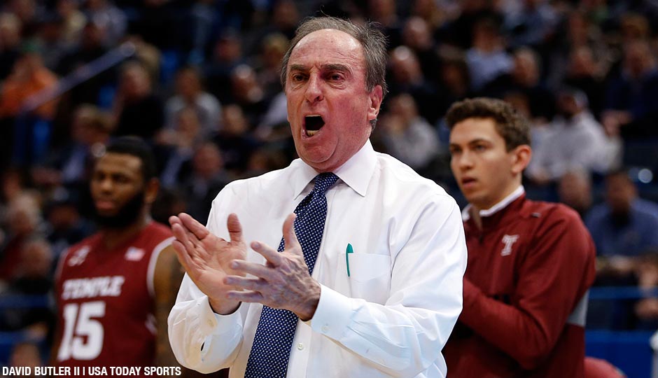 Jan 5, 2016; Hartford, CT, USA; Temple Owls head coach Fran Dunphy watches from the sideline as they take On the Connecticut Huskies in the first half at XL Center.
