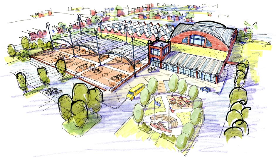 Rendering of the Logan basketball facility.