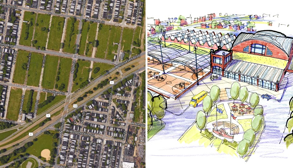 Aerial view of the Logan Triangle; a rendering of proposed youth basketball center.