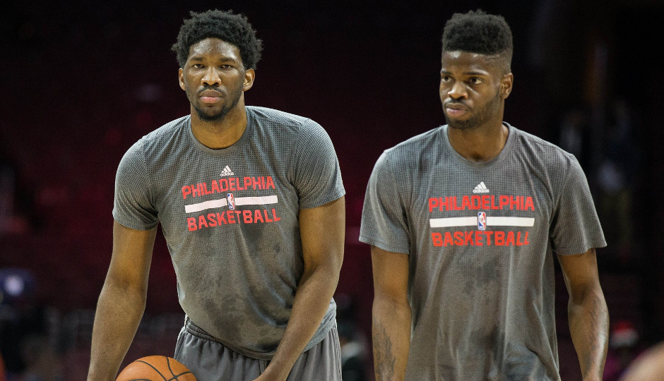 Big men Nerlens Noel and Joel Embiid work out prior to a game against the Memphis Grizzlies earlier this year | Bill Streicher-USA TODAY Sports
