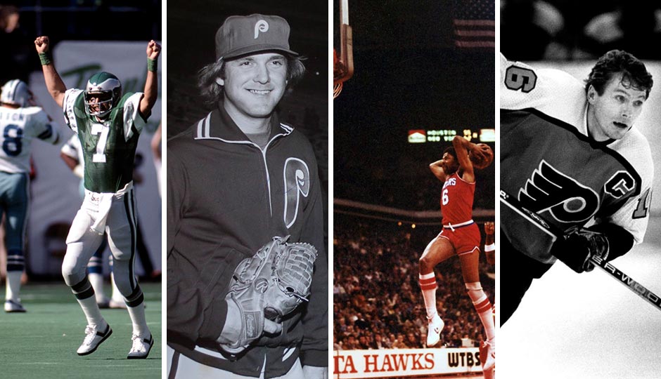 Ron Jaworski (Manny Rubio, USA Today Sports), Tug McGraw ("Tug McGraw Phillies" by Philadelphia Phillies / MLB - ebay.com, front of photo, back of photo. Licensed under Public Domain via Wikimedia Commons.); Julius Erving ("JuliusErvingSlamDunk1981" by Jim Accordino. Licensed under CC BY 2.0 via Commons.); Bobby Clarke ("Bobby Clarke 1983" by Bruce Bisping - ebay.com, front of photo, back of photo. Licensed under Public Domain via Wikimedia Commons.)