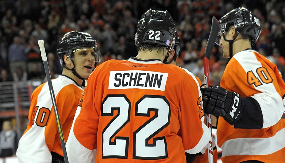 Oct 29, 2015; Philadelphia, PA, USA; Philadelphia Flyers defenseman Luke Schenn (22) celebrates his goal with center Brayden Schenn (10) and center Vincent Lecavalier (40) against the New Jersey Devils during the second period at Wells Fargo Center. Photo | Eric Hartline-USA TODAY Sports