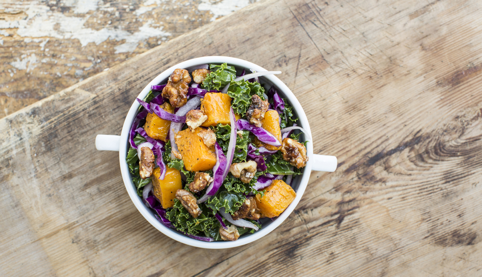 Snap Kitchen's Harvest Kale Snack, a salad with cabbage, candied walnuts, butternut squash and a sweet and savory date dressing | Photo courtesy Snap Kitchen
