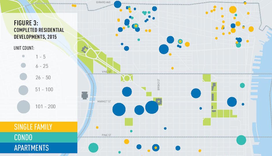 This map shows where, how many, and what type of housing units were built in the Center City core in 2015, along with parts of the extended zone. Map | Center City District